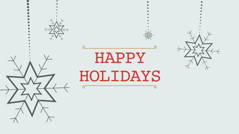 animated closeup happy holidays text and white snowflakes with snow on holiday background