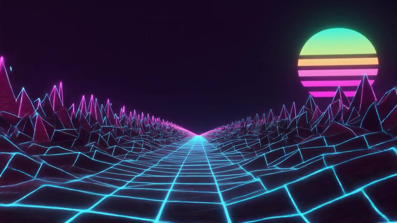 Pemandangan Synthwave Retro dengan Kisi Berpendar dan Matahari Terbenam