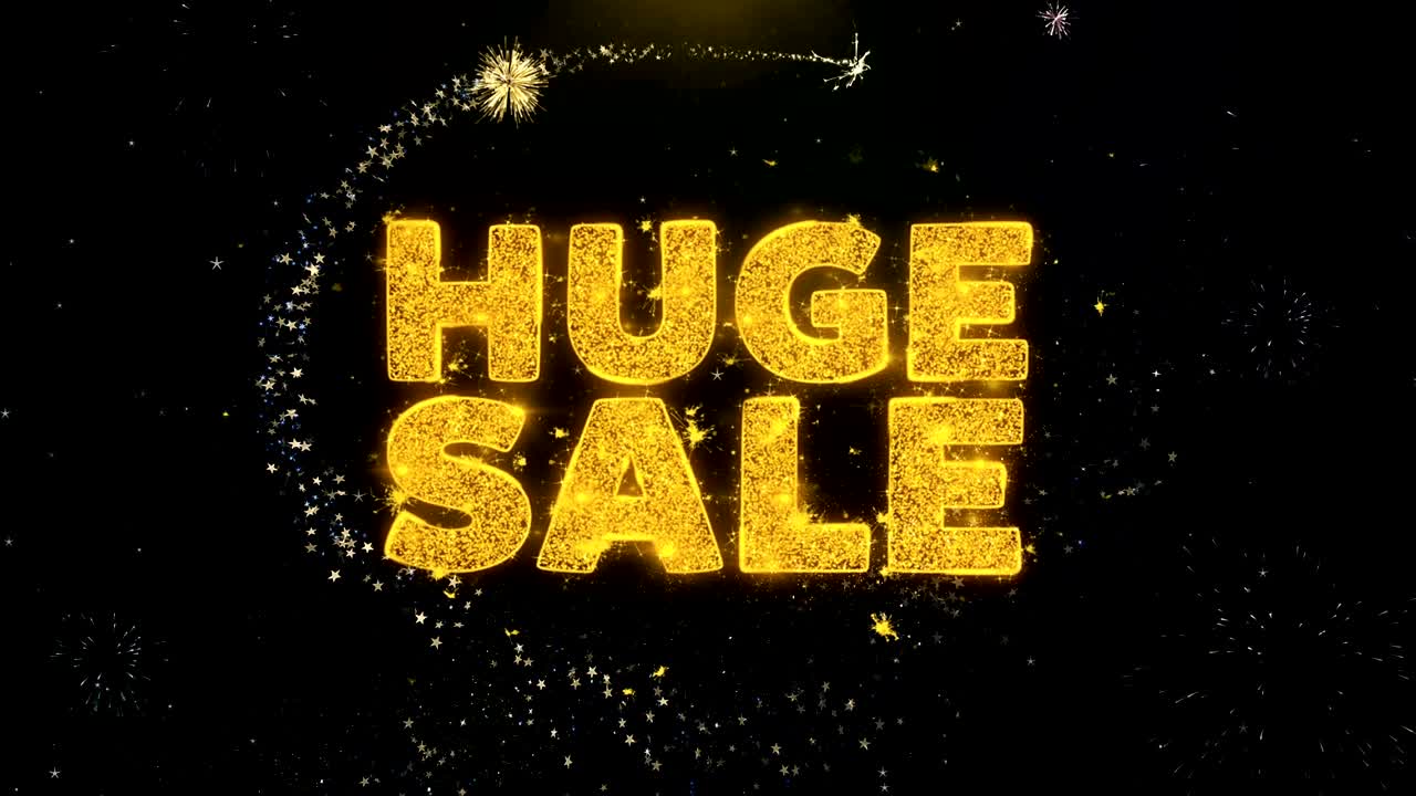 texto de venta enorme en partículas de oro exhibición de fuegos artificiales.