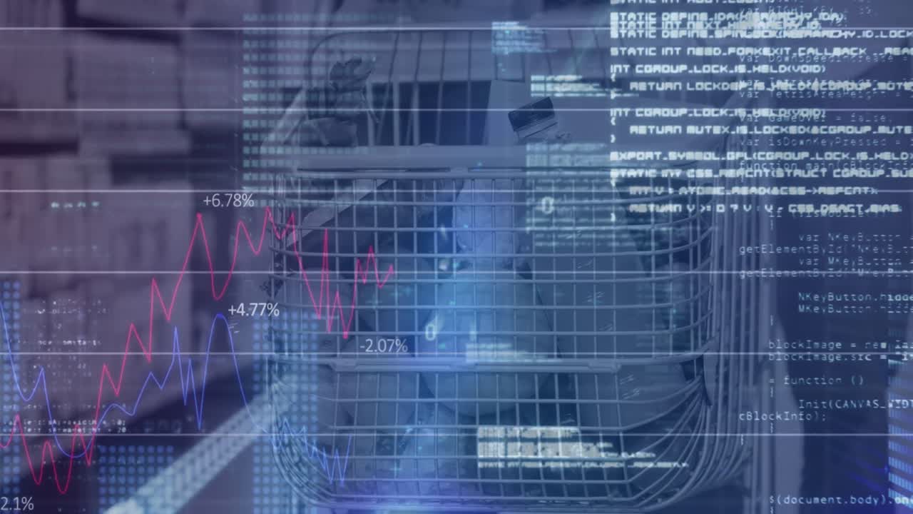 Animation of financial data processing over shopping trolley in shop