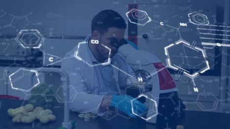 Animation-of-chemical-formulas-over-biracial-male-lab-worker-using-microscope