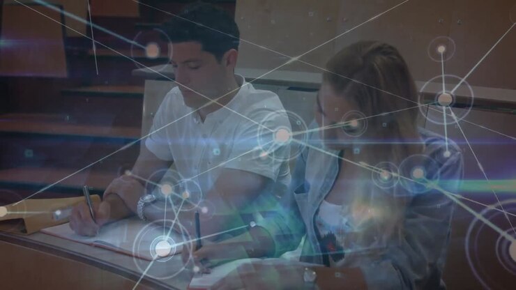 Animation of data processing over caucasian students learning