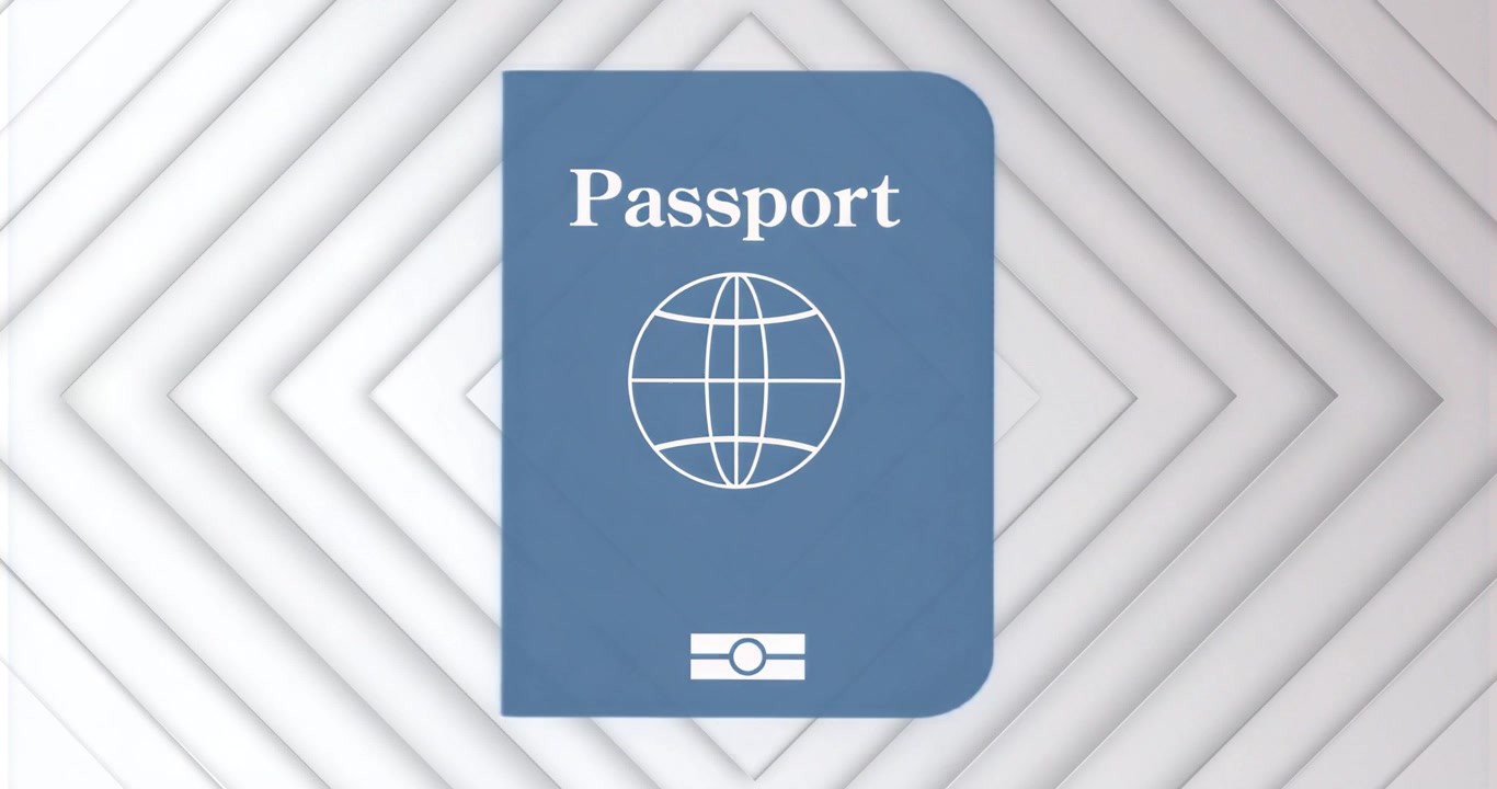 Cena de abertura mostrando ícone de passaporte azul permanecendo fixo sobre painéis de diamante brancos exibindo identidade