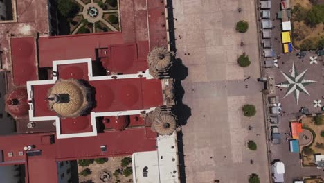 Drone-orbiting-top-view,-Basilica-of-Our-Lady-of-Zapopan,-Guadalajara,-Mexico