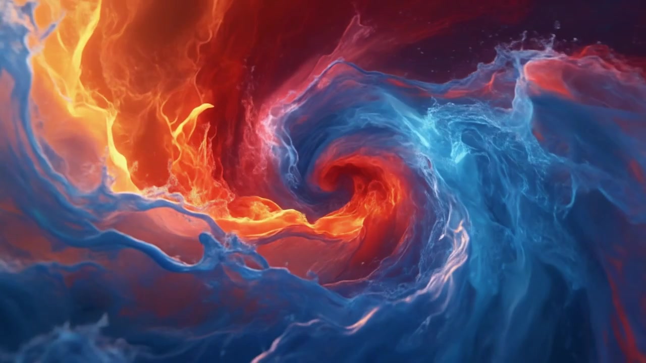 Vortice astratto a spirale di elementi di fuoco e acqua