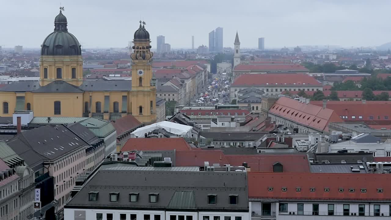Slow motion still shot of Munich city buildings towers and architecture in Marienplatz town square Germany Europe 1920x1080 HD