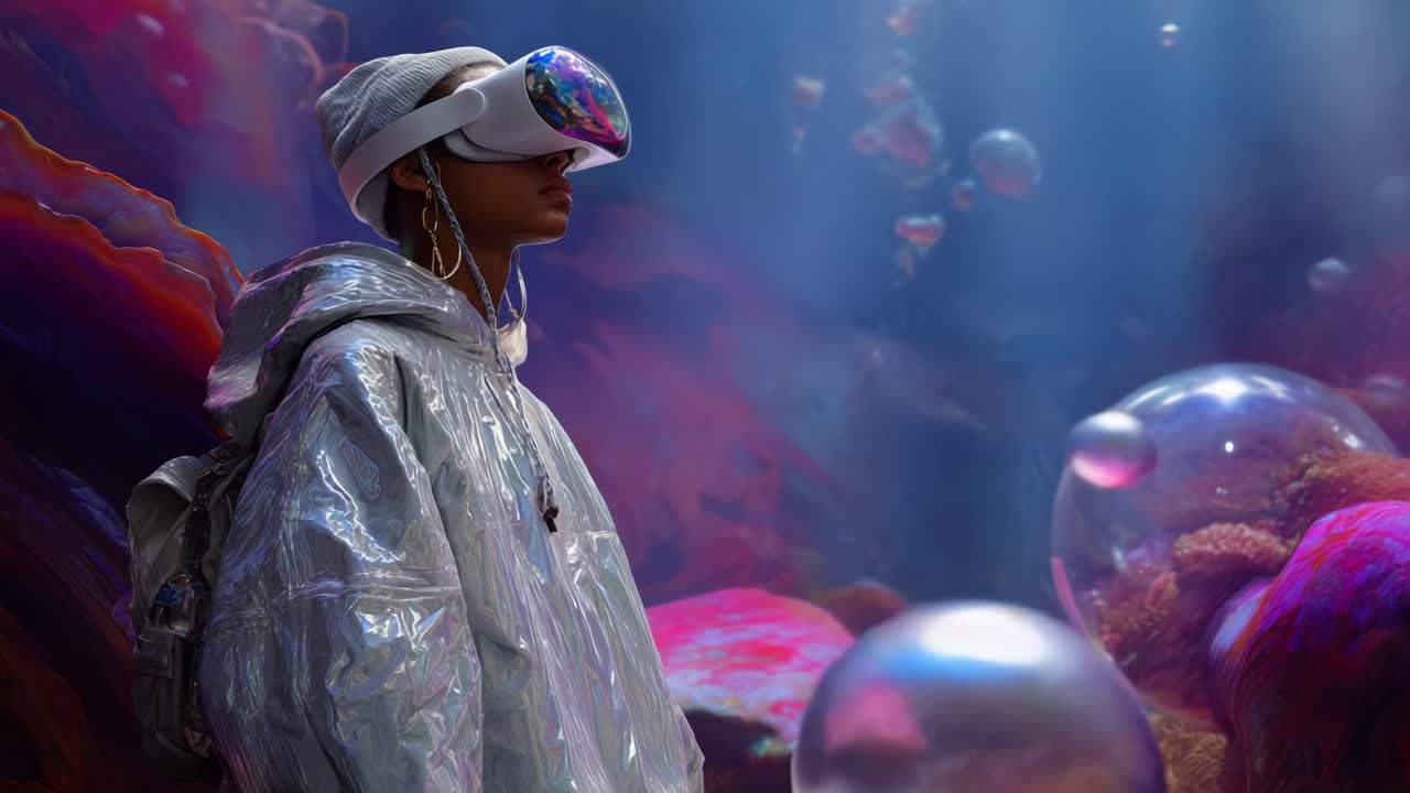 A futuristic exploration of virtual reality underwater, featuring an individual wearing advanced VR goggles, navigating through a vibrant aquatic landscape filled with colorful corals and iridescent bubbles