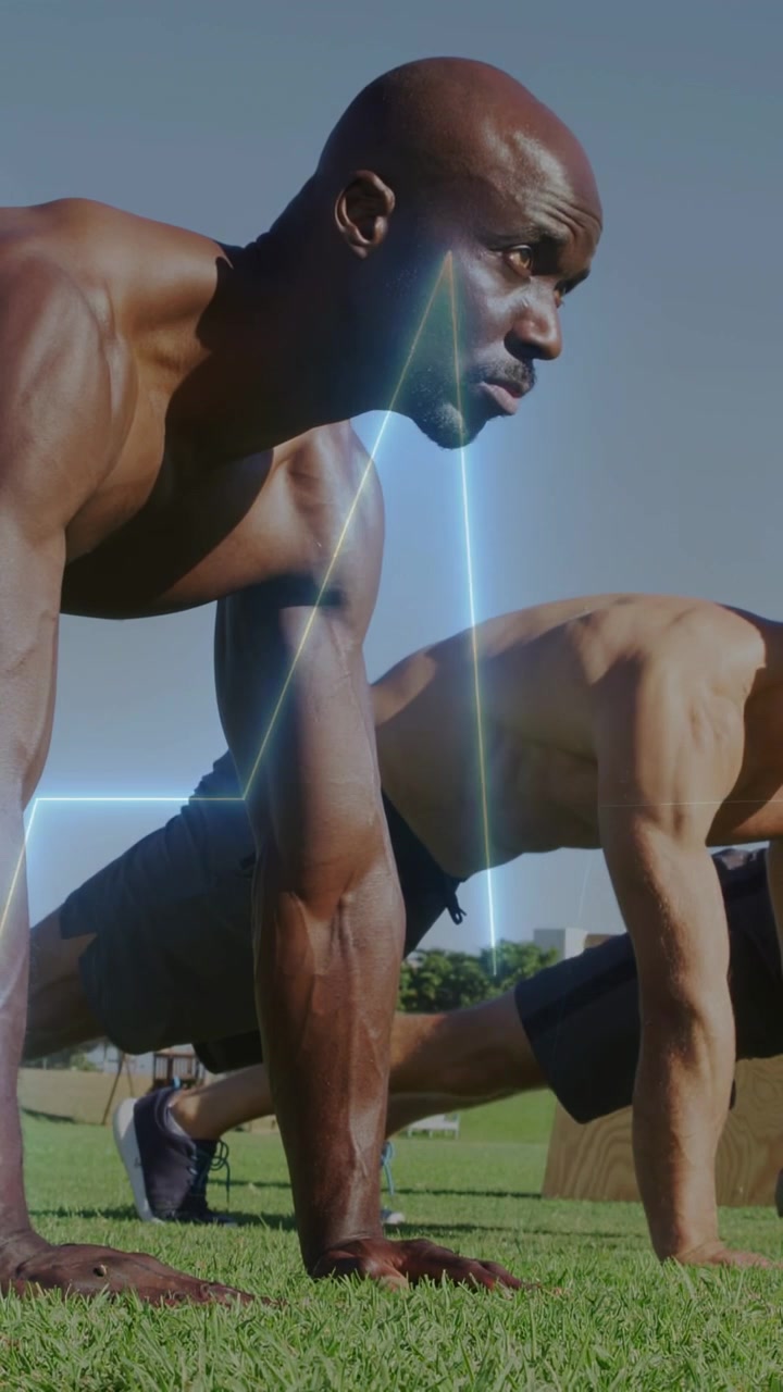 Video verticale: Atleta in primo piano che mantiene un plank alto mentre la telecamera zooma, con una forma d'onda al neon che traccia la forma fisica del core.