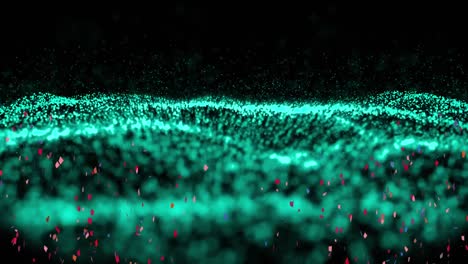 Digital-animation-of-colorful-confetti-falling-over-green-digital-waves-against-black-background