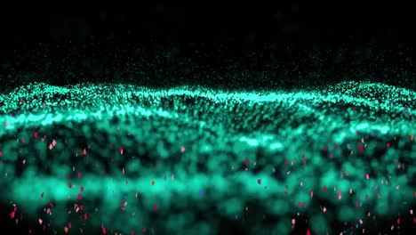 animación digital de confeti colorido que cae sobre ondas digitales verdes contra un fondo negro