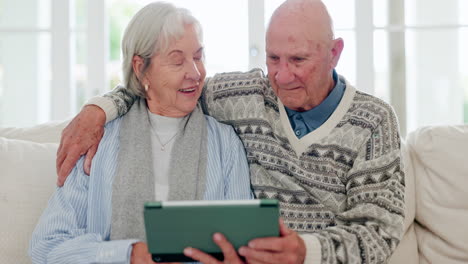 home, hug and senior couple with tablet