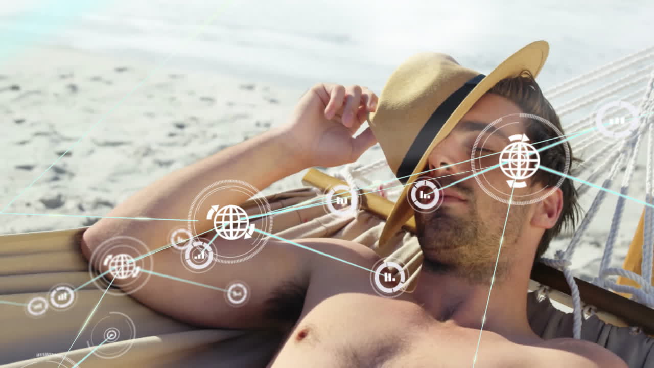 animación de redes de conexiones con íconos del globo sobre hombre caucásico en hamaca en la playa