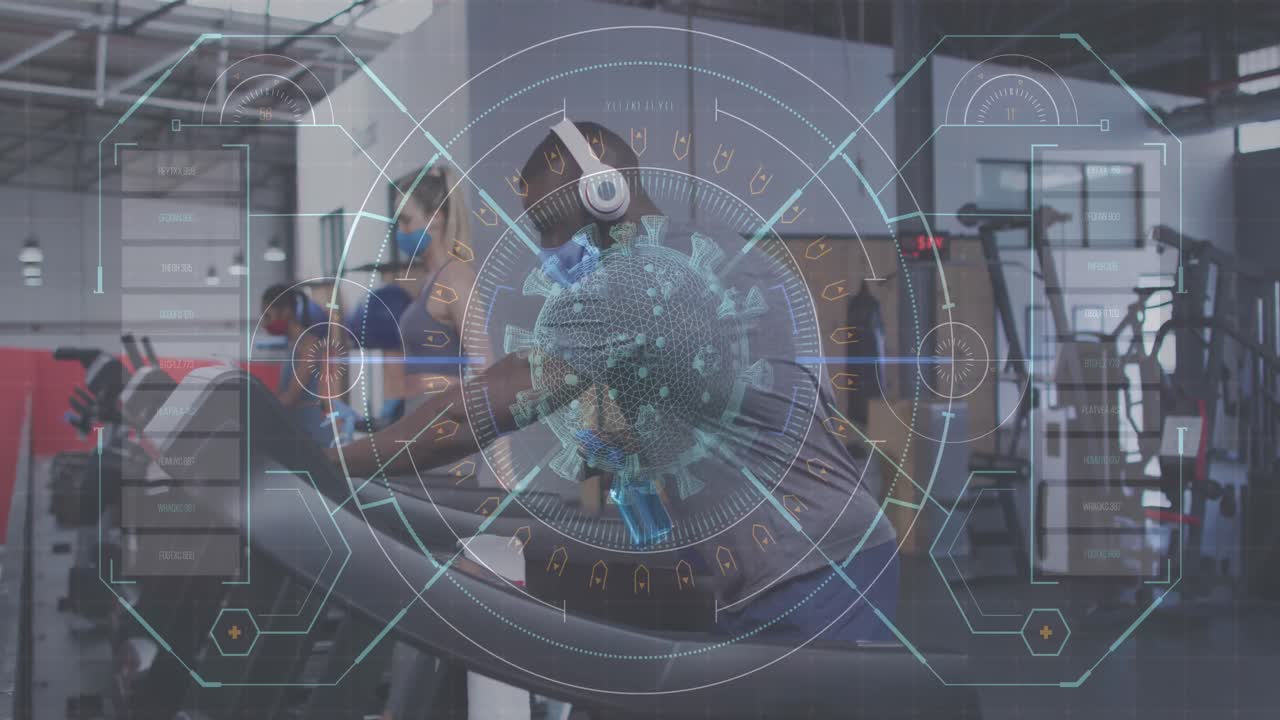 코로나19 세포에 대한 인터페이스 얼굴 마스크를 착용한 사람과 소독제로 체육관 장비를 청소하는 사람