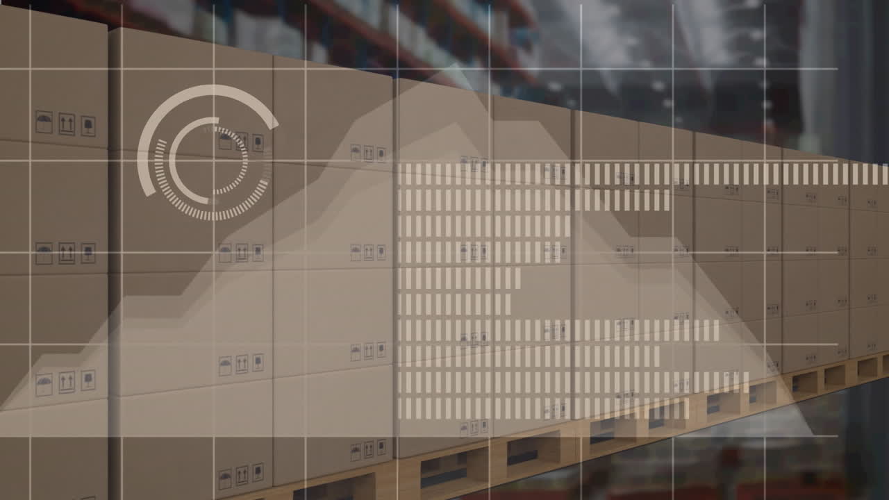 Animation of data processing over cardboard boxes on conveyor belt in warehouse