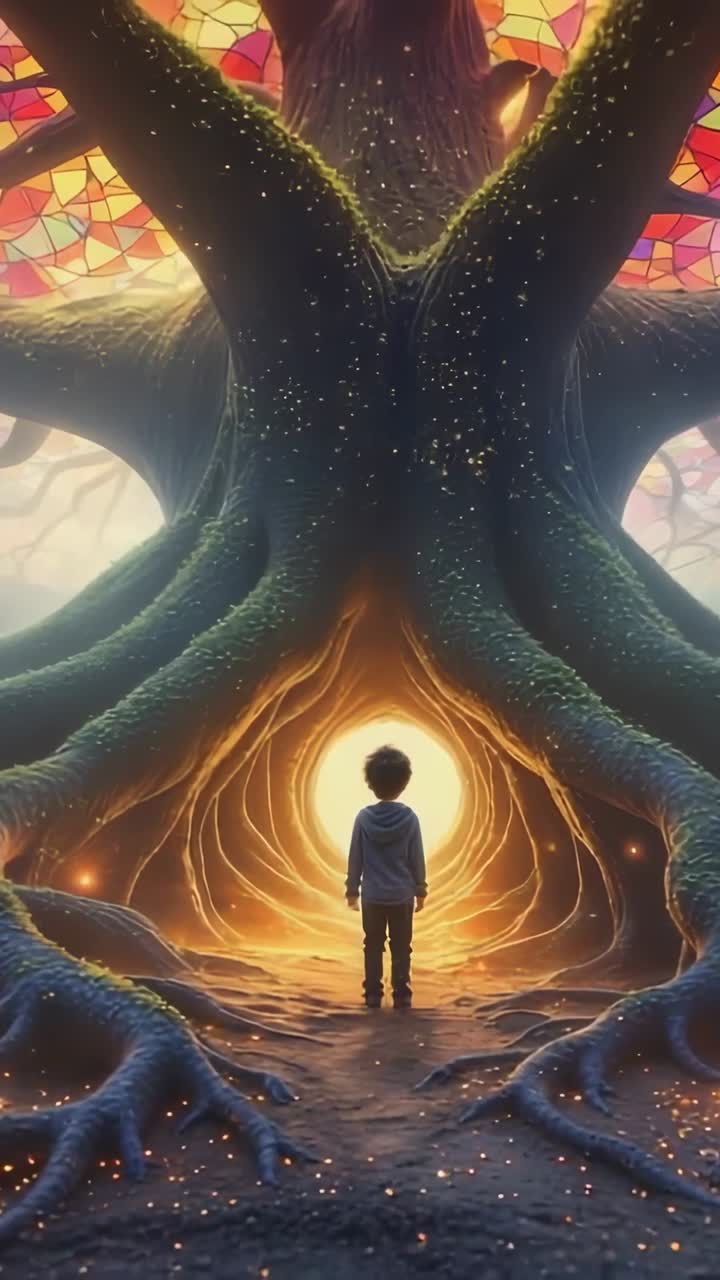Vertical video: Spotting glowing tunnel in tree, hooded boy gazing in forest, with ember lit roots