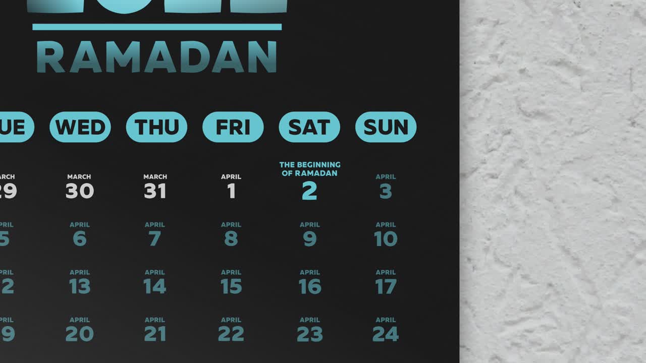 Close-up of a black beautiful calendar page with a schedule of Ramadan fasting days 2022 and the camera moves to Eid al-Fitr date