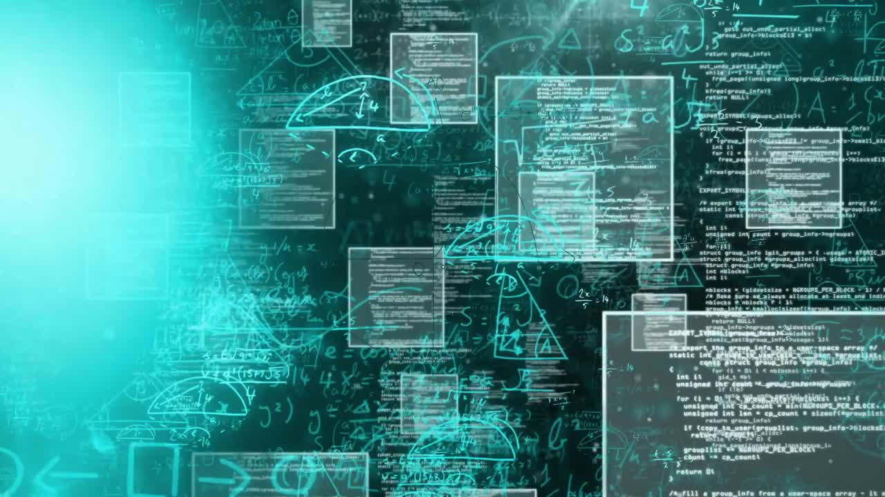 Teal glow emerging left as translucent code diagram windows drifting scaling showing interface flow