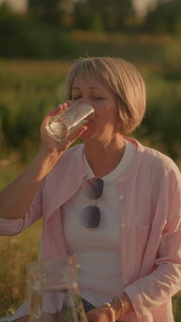 familia sentada al aire libre disfrutando de un pacífico picnic de verano mientras beben agua dulce, todos sonriendo bajo la cálida luz del sol, con el fondo con vegetación bajo una luz cálida