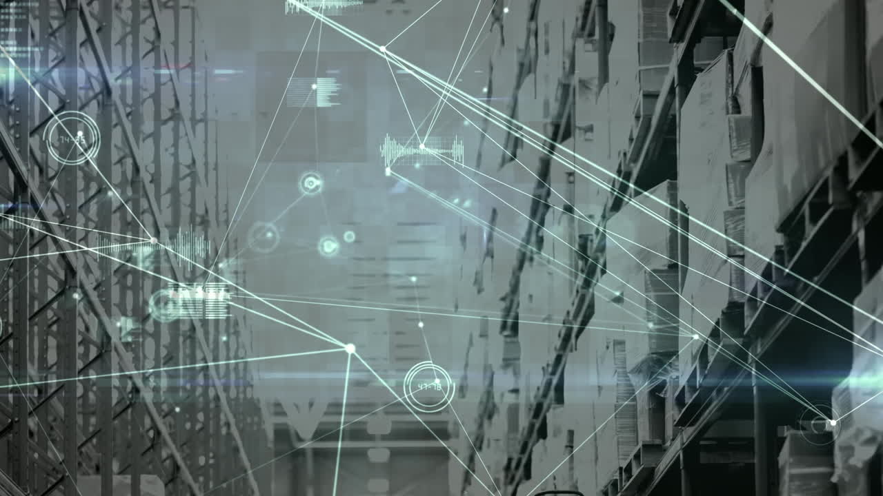 animación de la red de conexiones sobre estantes en el almacén