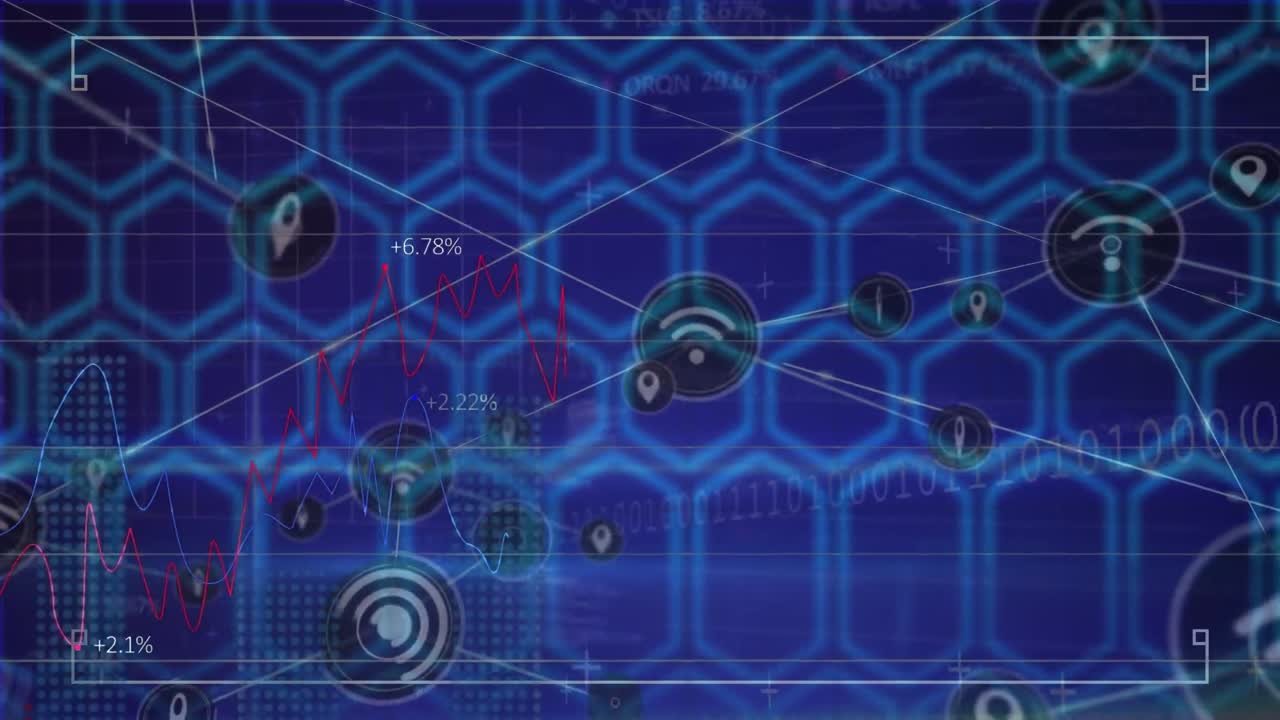 Animation of network of connections with icons and financial data over blue hexagons