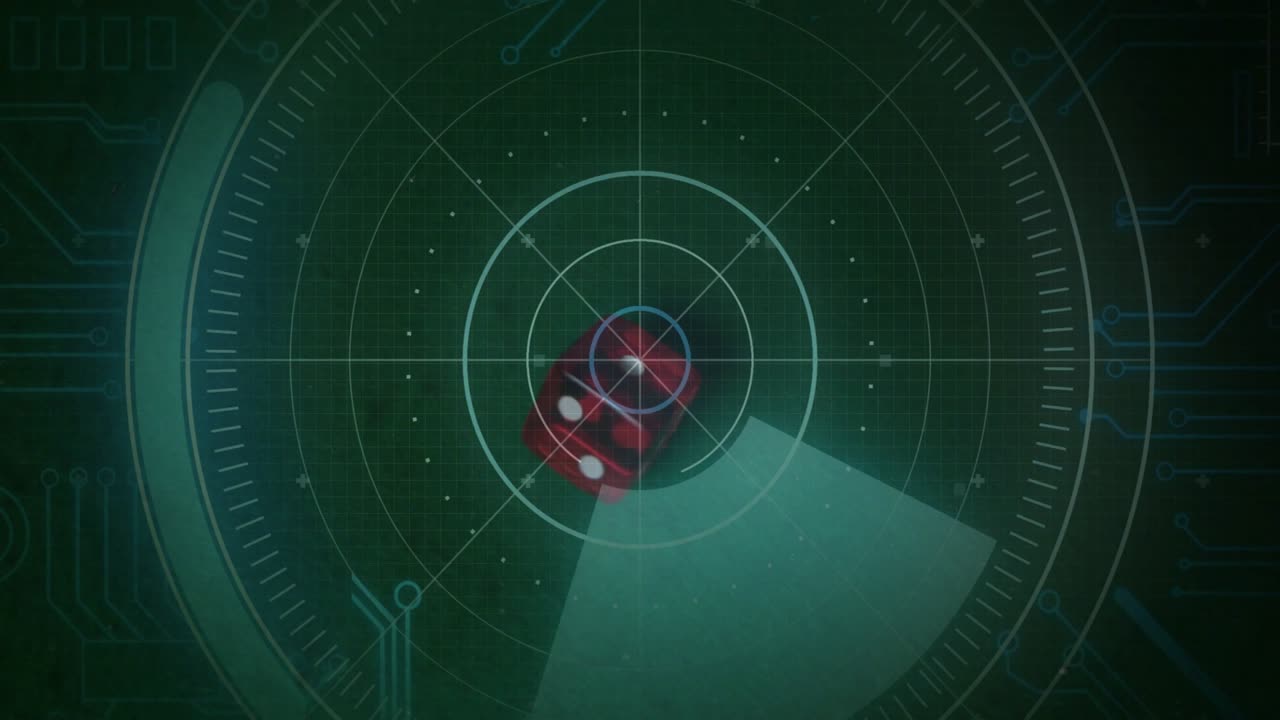 Teal radar sweep passing over red die, highlighting and pulling die toward crosshair for tracking