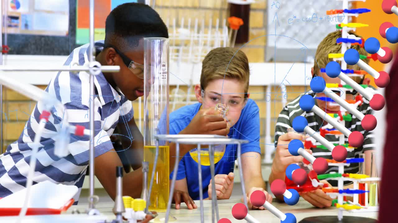 ecuaciones matemáticas y estructura de adn contra dos niños realizando experimentos en el laboratorio