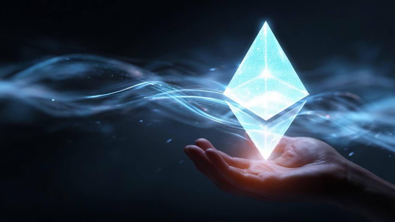 Glowing ethereum symbol levitating above an open palm against a dark background with flowing light trails, representing cryptocurrency technology, digital finance, and blockchain innovation