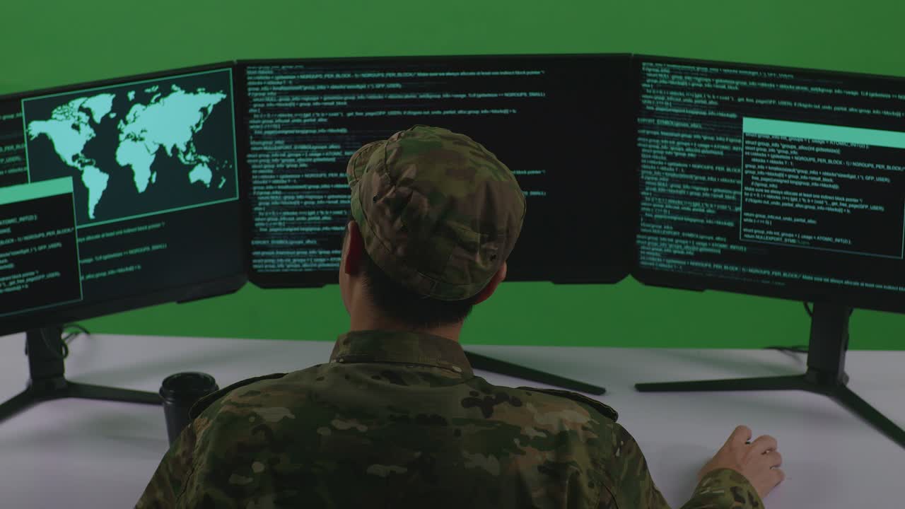 Stressed Military Personnel at Computer with Coding Errors