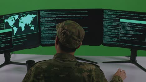 personal militar estresado en la computadora con errores de codificación