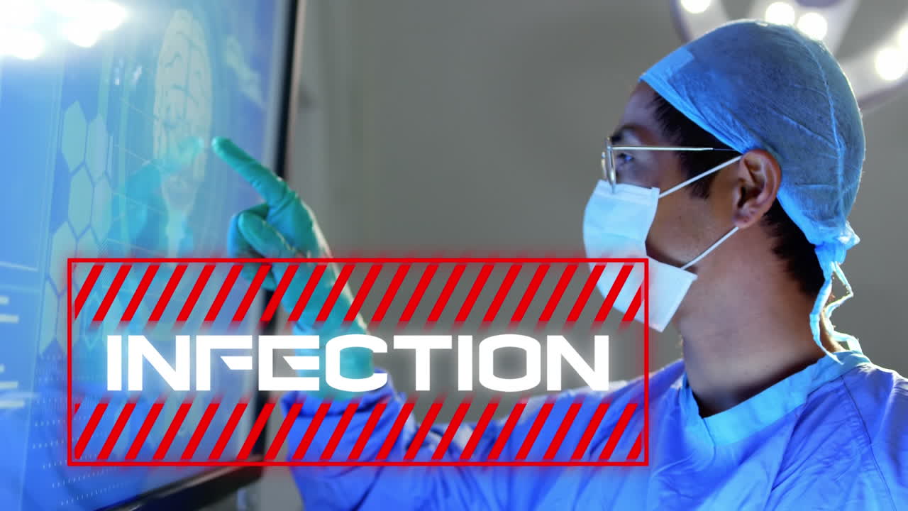 Animation of Word Infection with healthcare worker in background during coronavirus pandemic