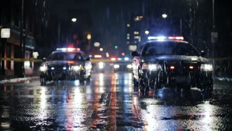 at night, emergency response vehicles with flashing lights are deployed in a wet urban environment.