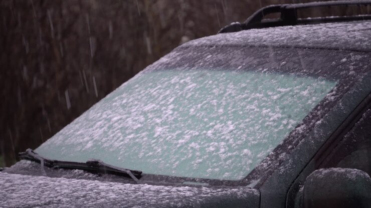 Windshield of a car in the slushy snow