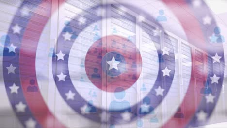animación de círculos con estrellas sobre iconos de medios y sala de servidores