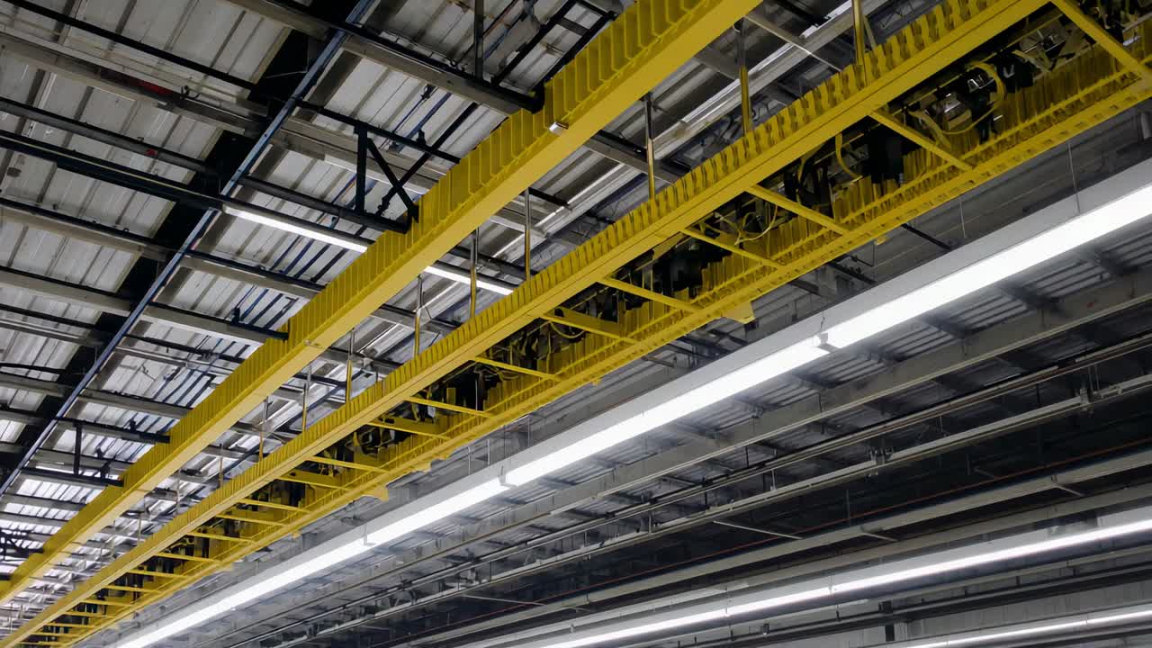 Panning camera revealing long yellow runway at industrial hall, showing motors, support rods