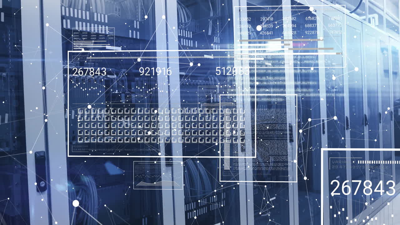 Animation of digital data and network connections overlaying server racks in center