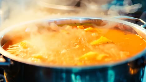 a pot of soup on a stove with steam coming out of it