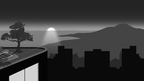 paisaje desde lo alto de un rascacielos, gente rica se baña en un jacuzzi, al fondo la ciudad, las montañas y el mar al atardecer, animación 2d, diseño plano, estilo oscuro