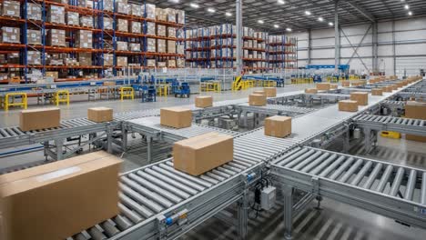 boxes moving on conveyor belts in a modern automated warehouse