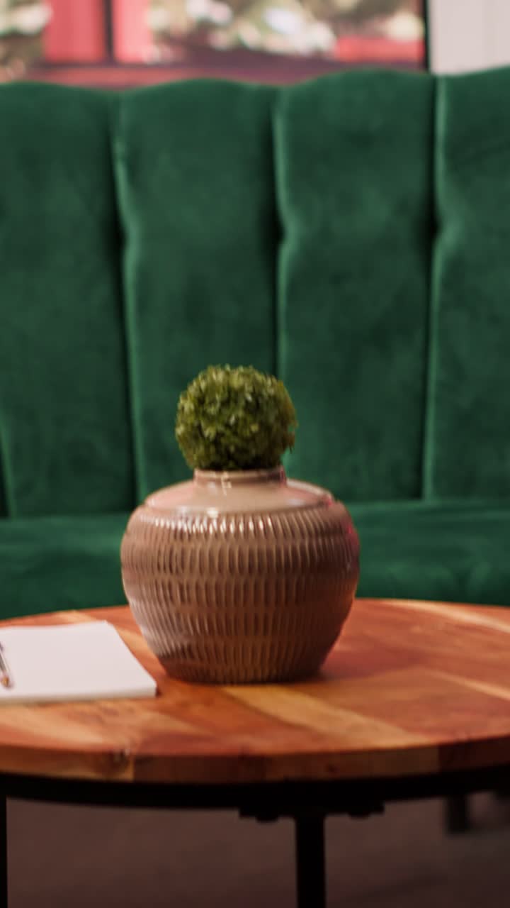 Vaso decorativo e pianta su un tavolino da caffè in legno con divano verde