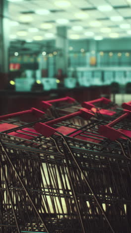 empty shopping carts in a grocery store