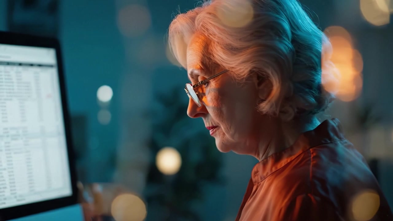 Focused elderly woman working on a computer in a dimly lit room, illuminated by soft light, showcasing concentration and engagement with digital tasks.