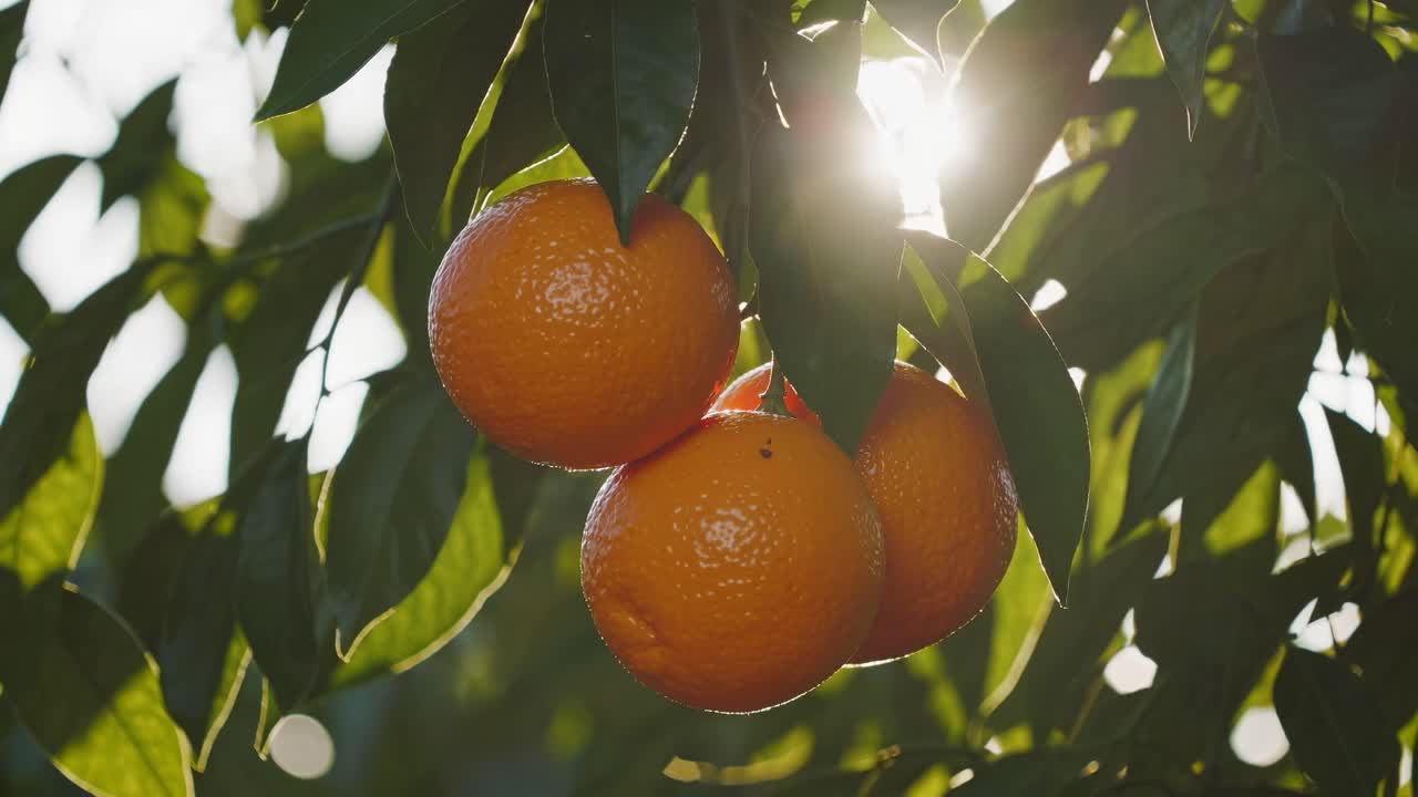Close-up shot of ripe oranges hanging from a tree, with sunlight filtering through leaves