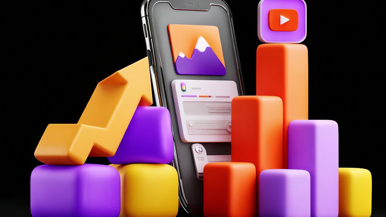 Visualizing Growth and Data Analysis: A Smartphone Surrounded by Colorful Graphs and Icons Representing Trends, Social Media, and Performance Metrics in a Dynamic Digital World