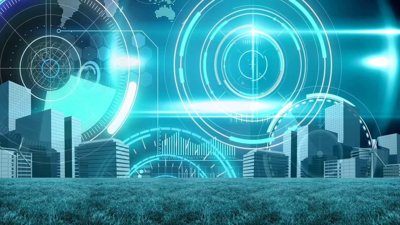 스포츠 스타디움의 피치 위에서 스캔 및 데이터 처리의 애니메이션