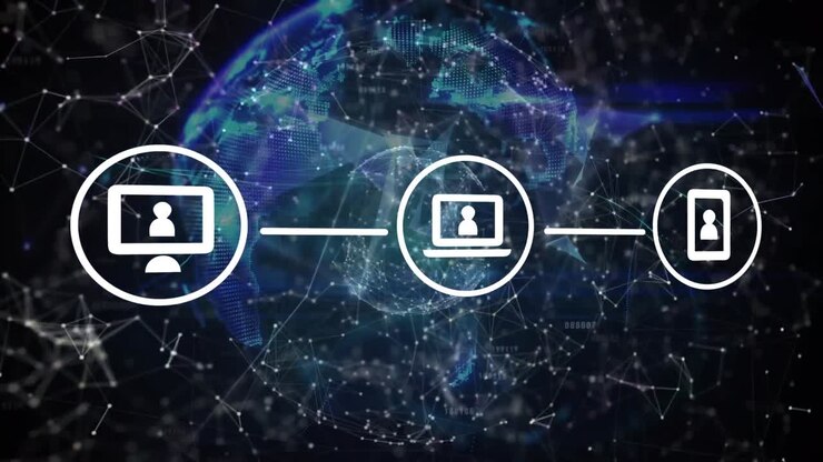 Animation of network of connections with icons and globe over black background