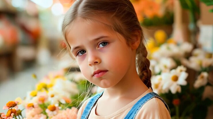 Una niña de pie frente a un ramo de flores