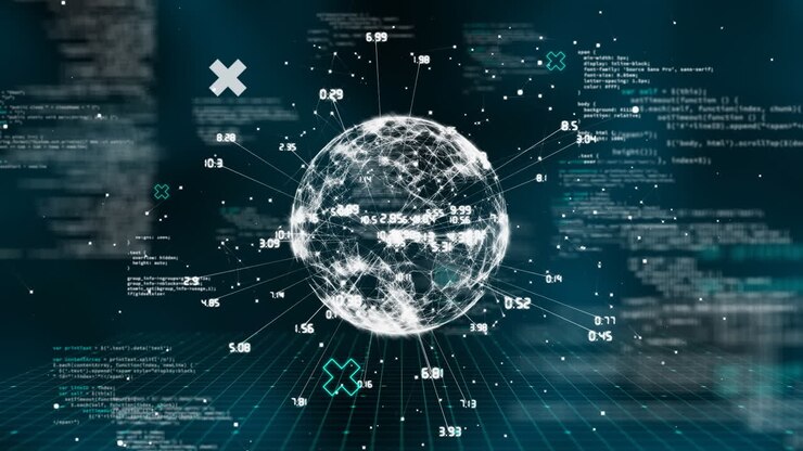 Animazione dell'elaborazione dati e del globo su sfondo nero