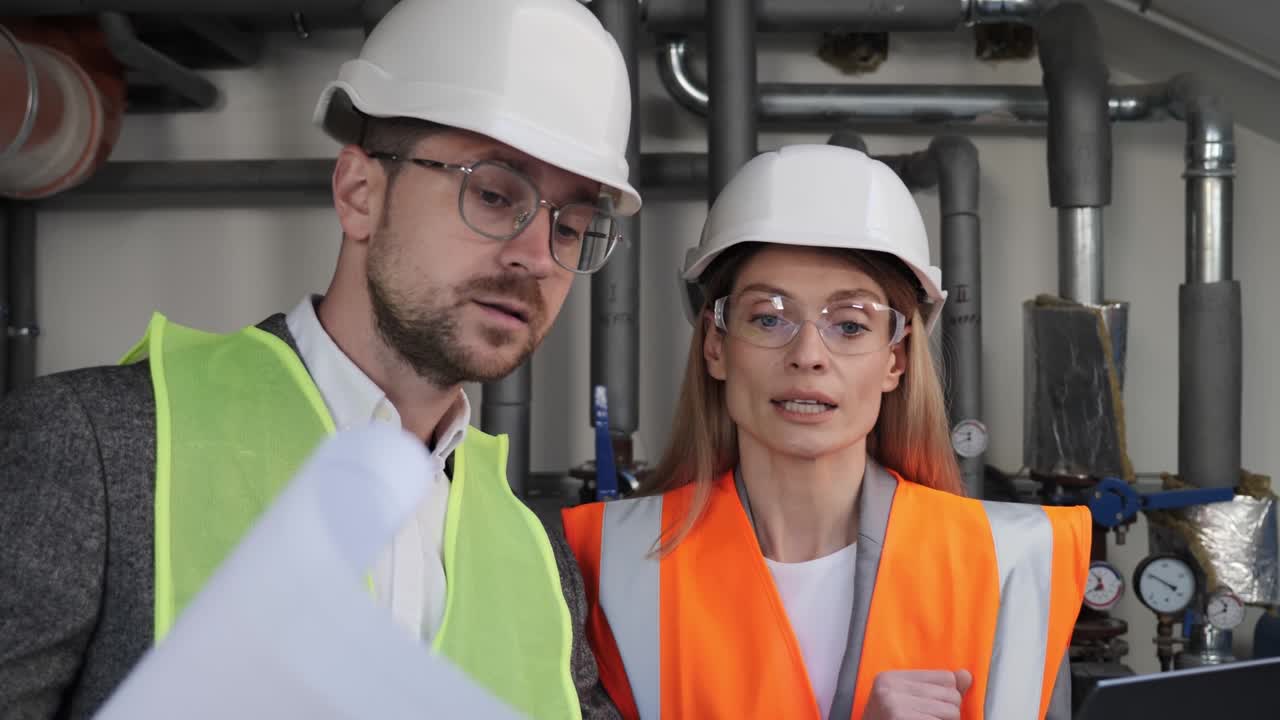 Two Diverse Professional Industry Engineers Wearing Safety Uniform and Hard Hats Working on Laptop Computer Using Blueprints. Technician and Female Worker Talking on a Meeting in a Boiler Room.