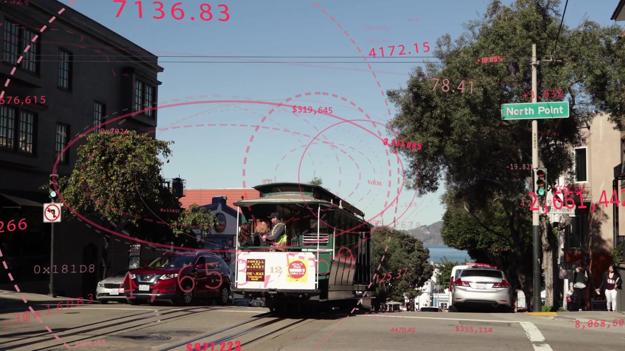 SF cable car driver engaging cable, rolling down to camera, carrying riders while pink arcs overlay