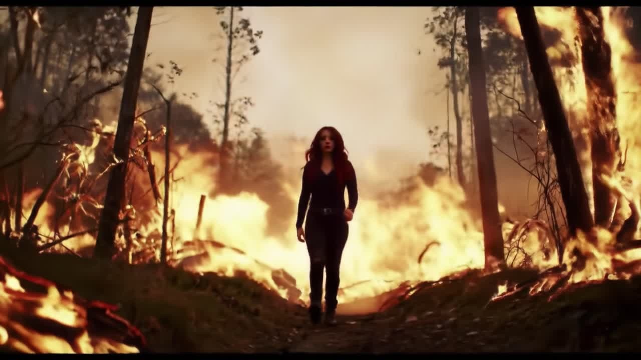 A determined figure strides through a fiery inferno, embodying strength and resilience amid the chaos of a burning forest surrounded by flames